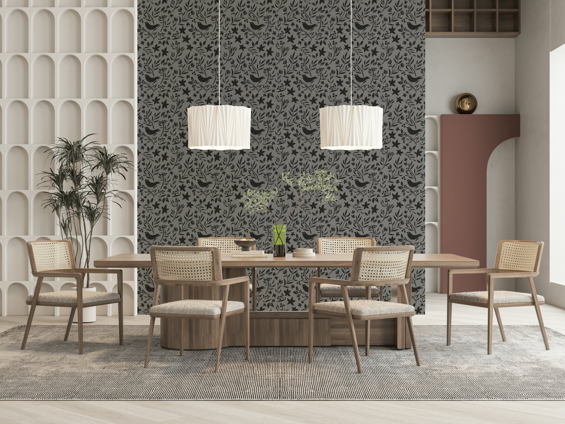 Wall mural Gray Folk, stylized flowers, calm neutral palette.