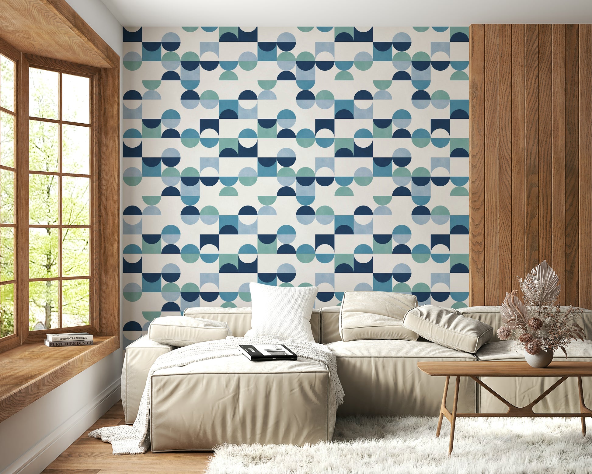 Stylish repeating pattern, Aqua Harmony wallpaper, circular design.
