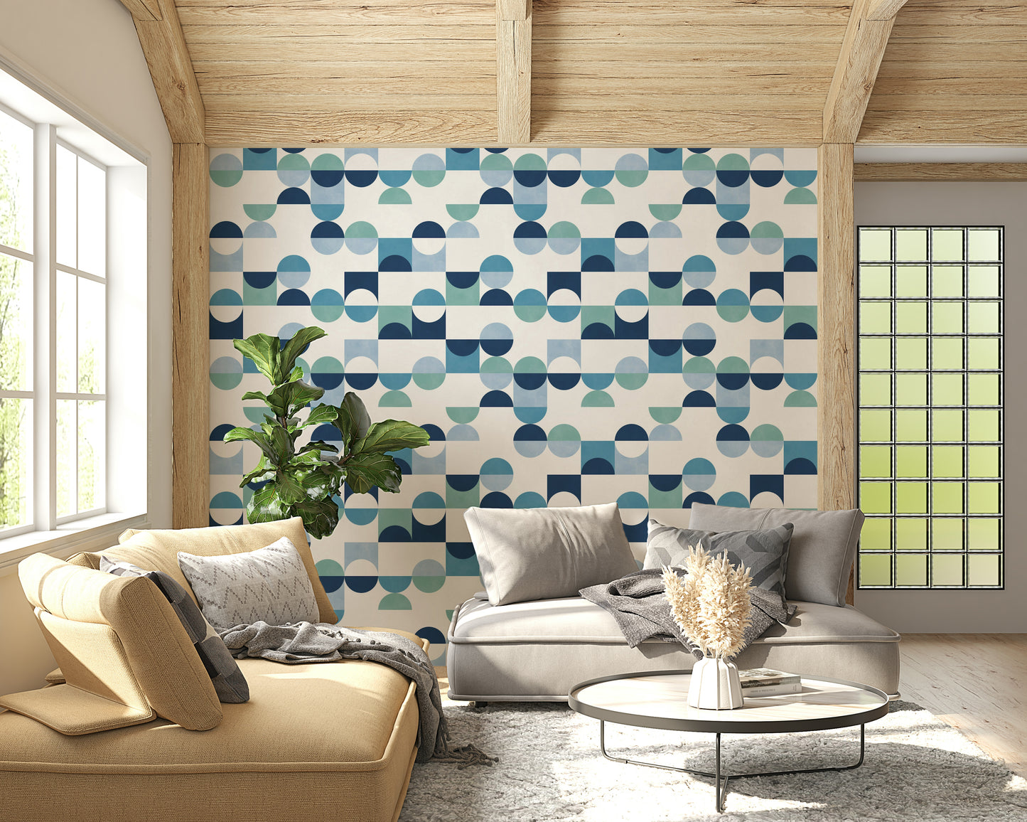 Aqua Harmony wall mural, mid-century mod geometry, blue hues.