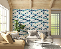 Aqua Harmony wall mural, mid-century mod geometry, blue hues.