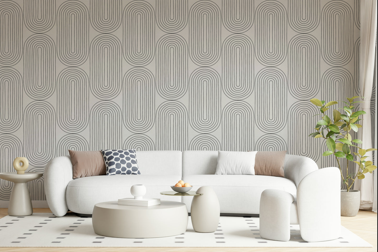 Curved geometric Retro Arches wallpaper, artistic, contemporary interior design.