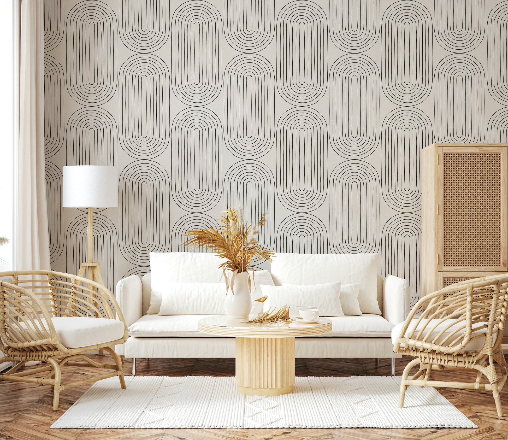 Retro Arches wallpaper mural: Intricate, modern, geometric, gray lines.