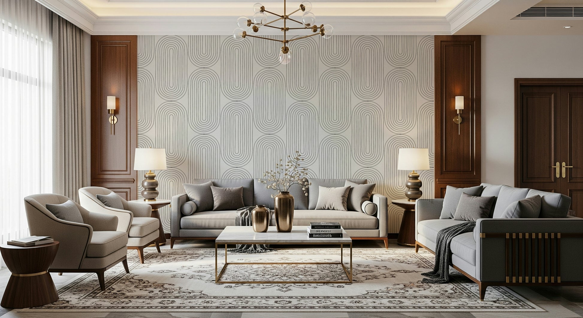 Modern Arches mural, stylish wallpaper for walls, intricate looping pattern.