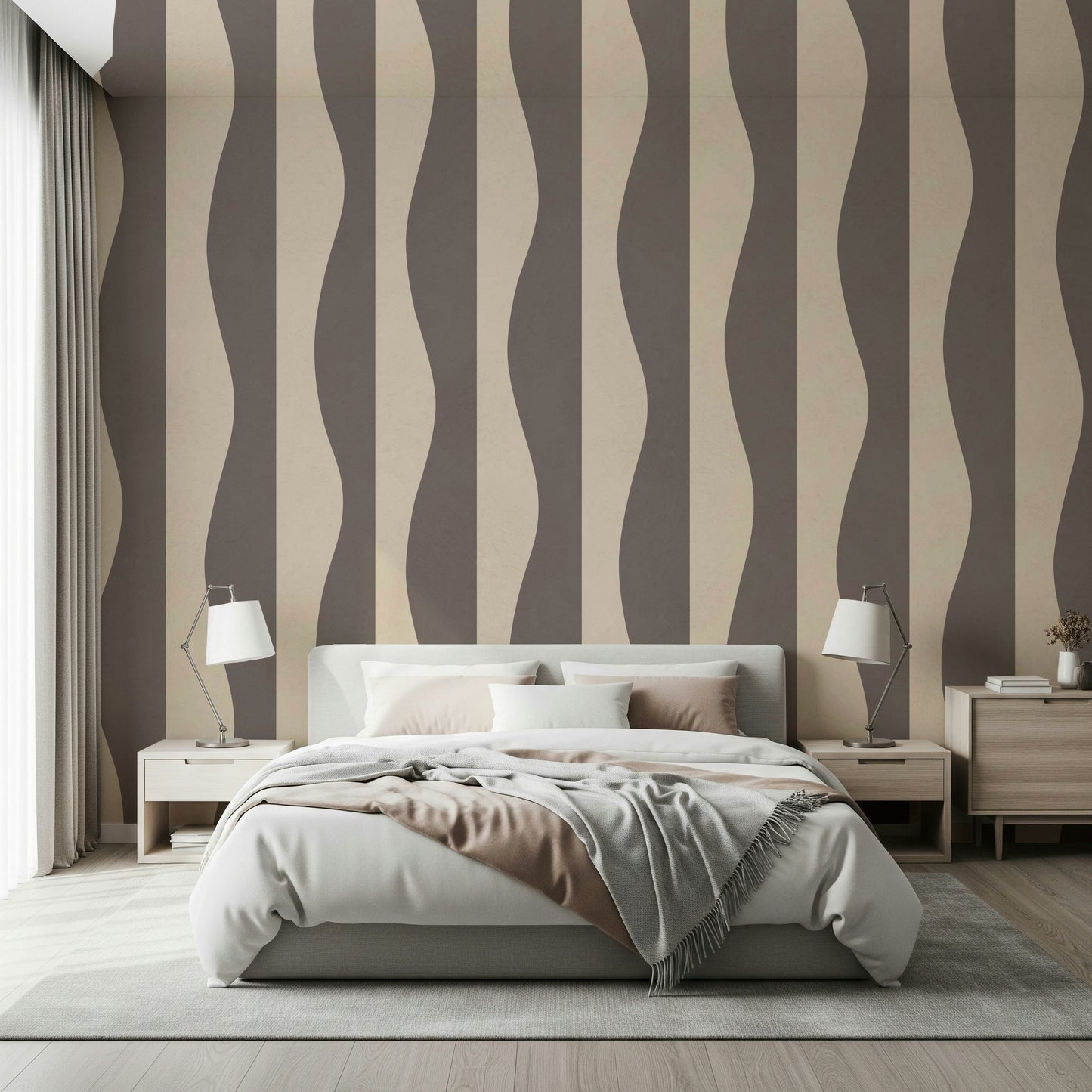 Bohemian Groovy Stripes wallpaper, neutral, abstract, rhythmic wave pattern.