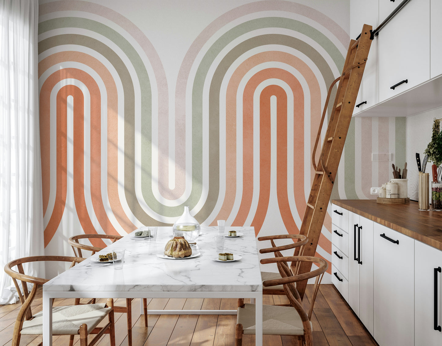 Wave pattern Archway wallpaper, serene, artistic interior design element.