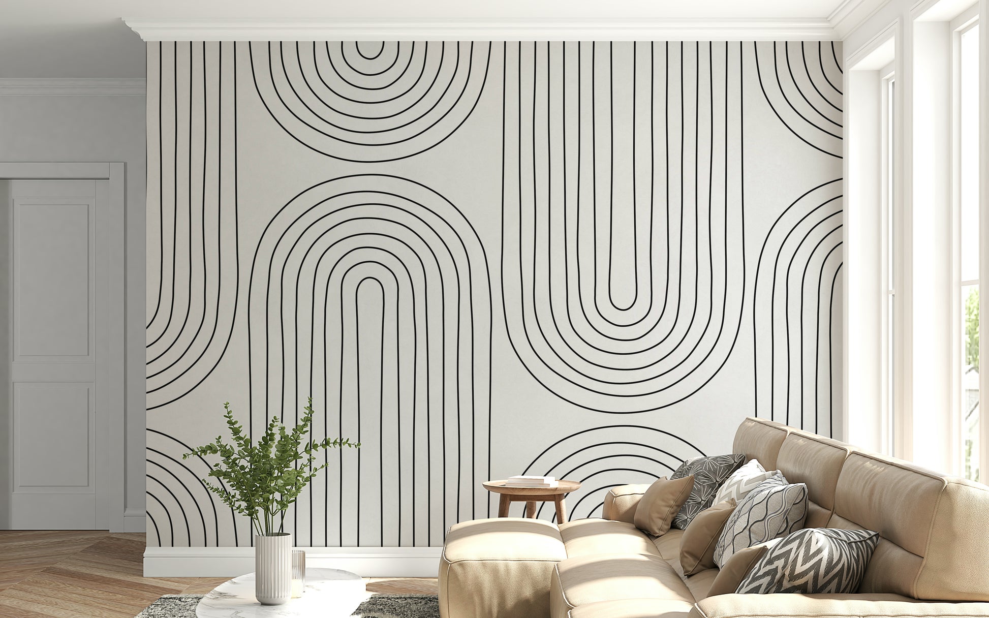 Modern Arched Simplicity mural. Concentric rainbow shape pattern. Stylish wall finish.