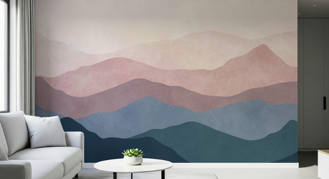Mountain Dreams layered wall mural. Muted blue pink mountain scenery wallpaper.