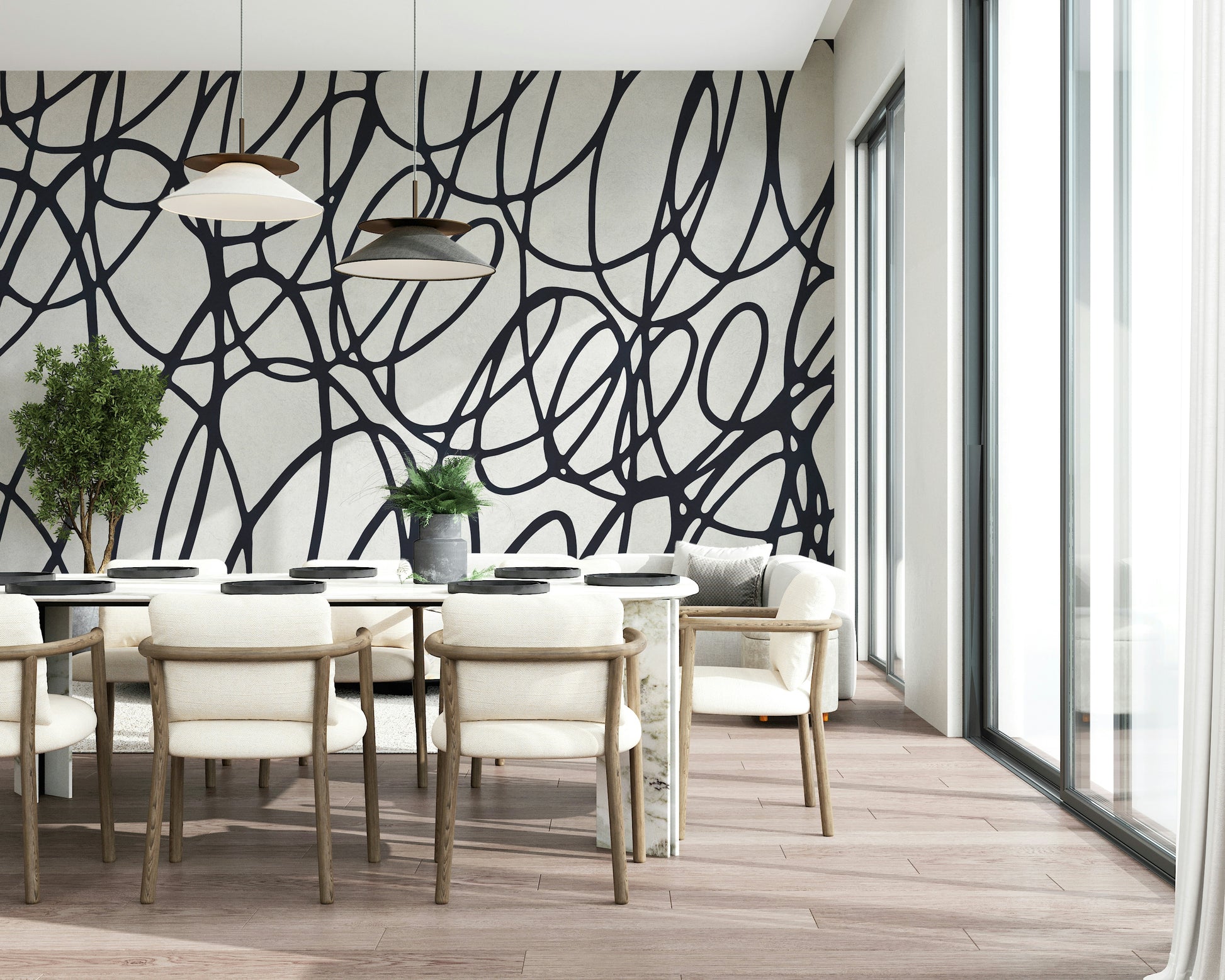 Wiggly black Loop Lines wall mural. Swirling graphic print for home décor. Awesome wallpaper.