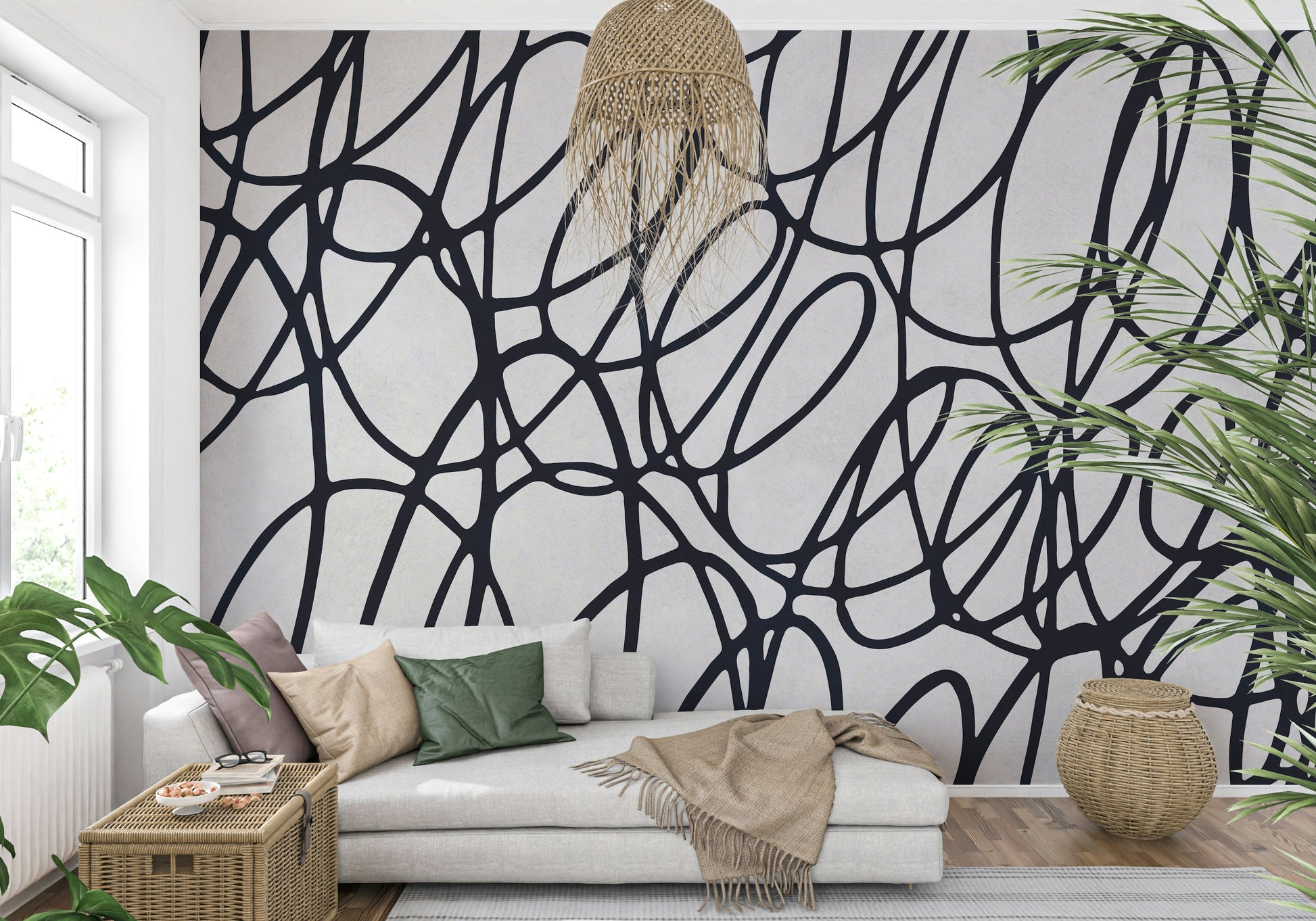 Loop Lines monochromatic mural. Curvy graphic texture enhancing walls. Sophisticated wall pattern.