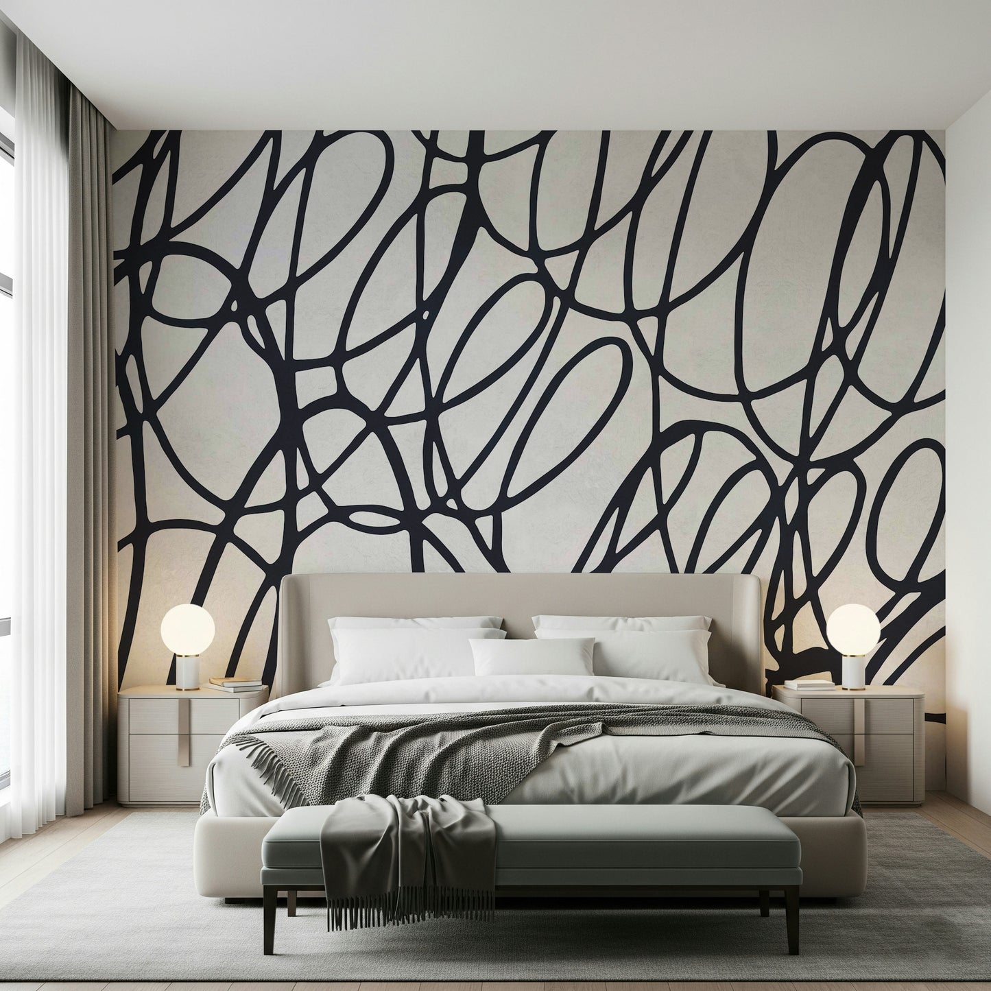 Loop Lines energetic wall mural. Scribbled contour lines. Cool statement wall finish. Perfect décor.