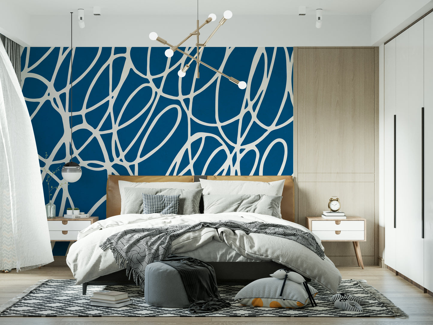 Dynamic interlocking white lines create a captivating Sapphire wall mural.