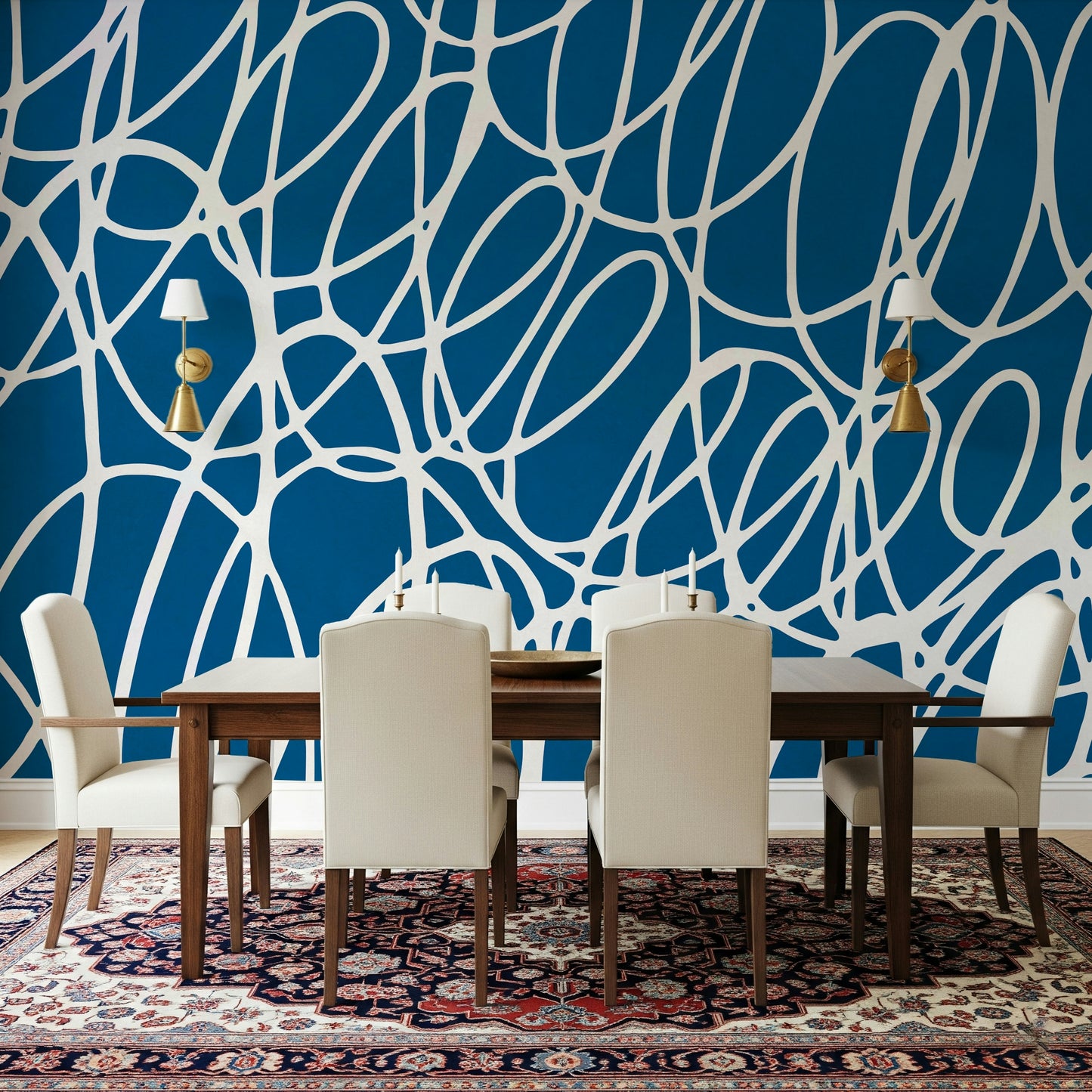 Deep indigo and creamy white abstract art for sophisticated wall decoration.