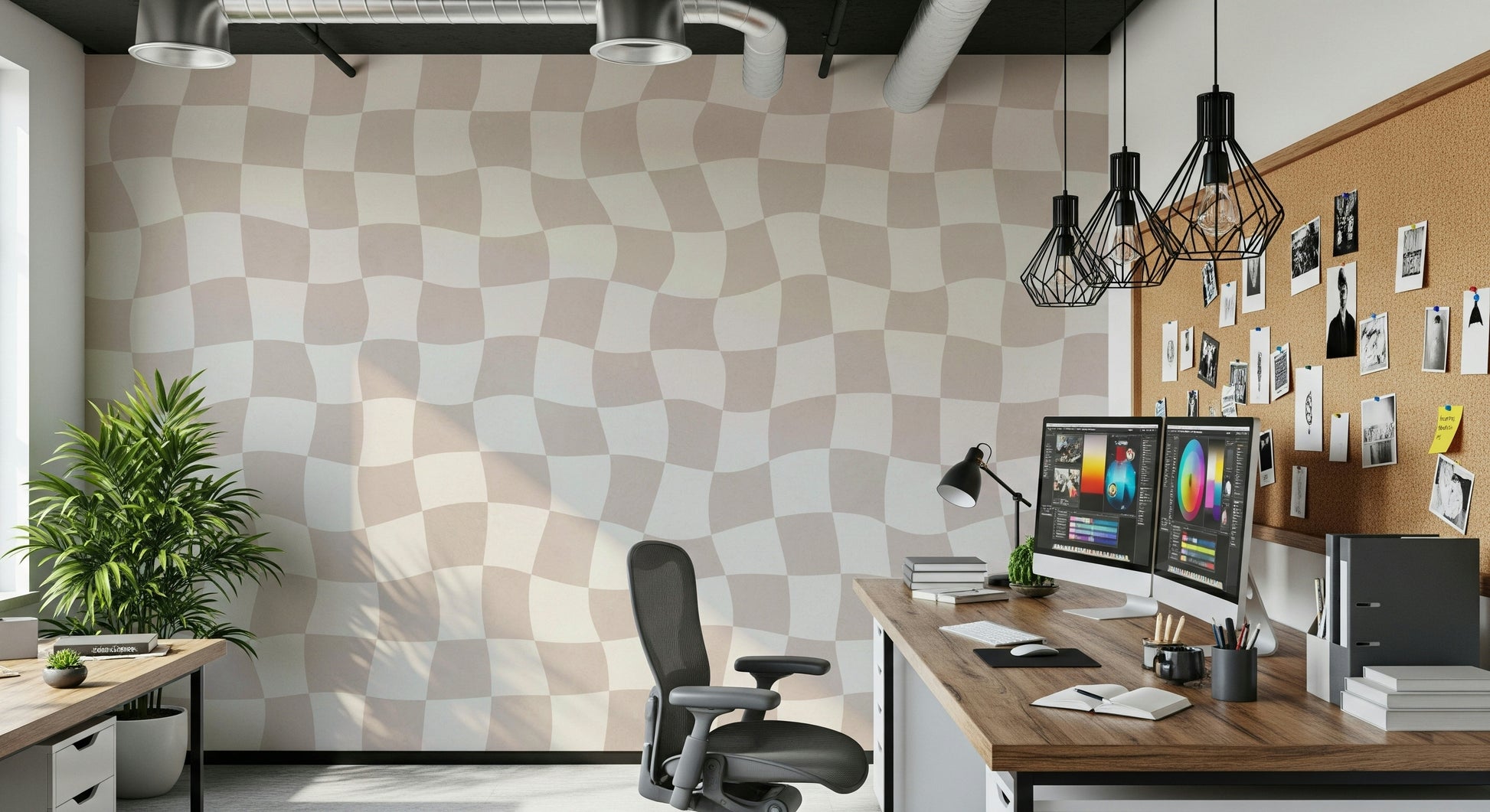 Minimalist Wavy Checkered Dream warped grid calming room backdrop.