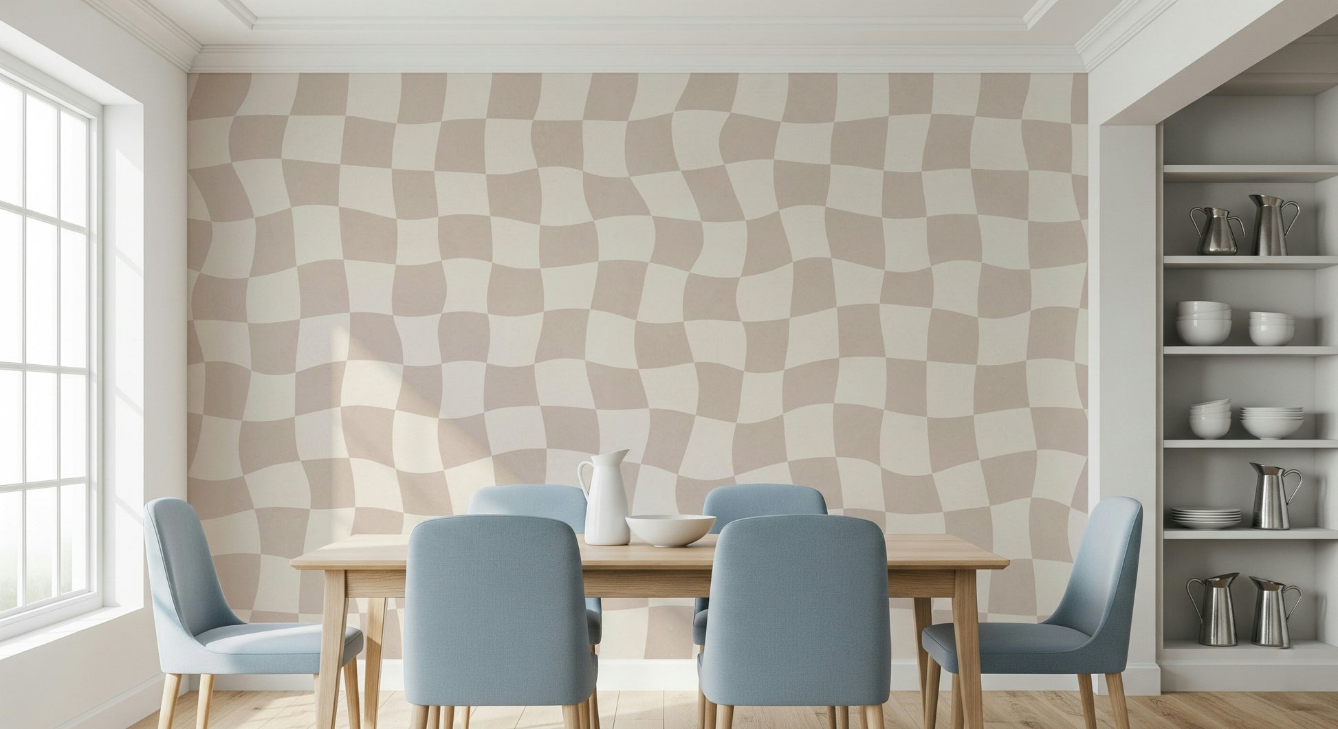 Checkerboard Wavy Checkered Dream pattern beige tones aesthetic mural.