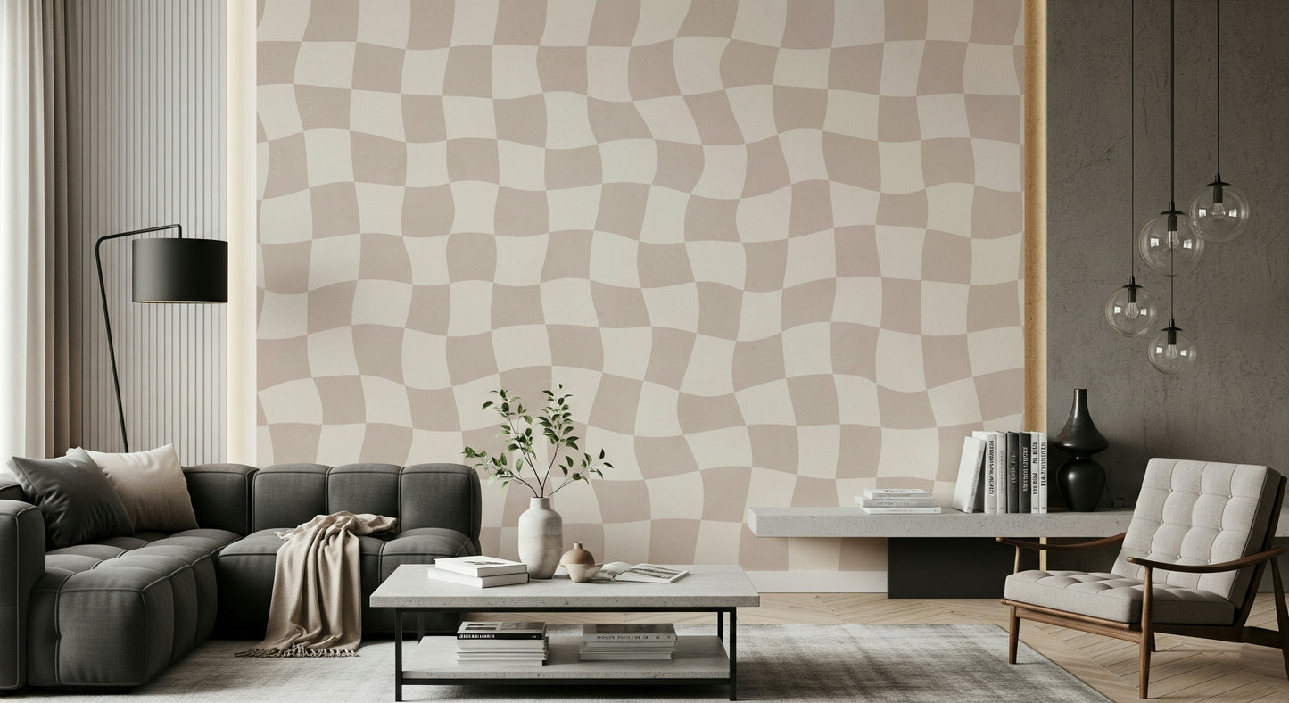 Groovy Wavy Checkered Dream retro style muted tone wall paper.