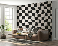 Illusion Wavy Check wall paper contemporary black white print.