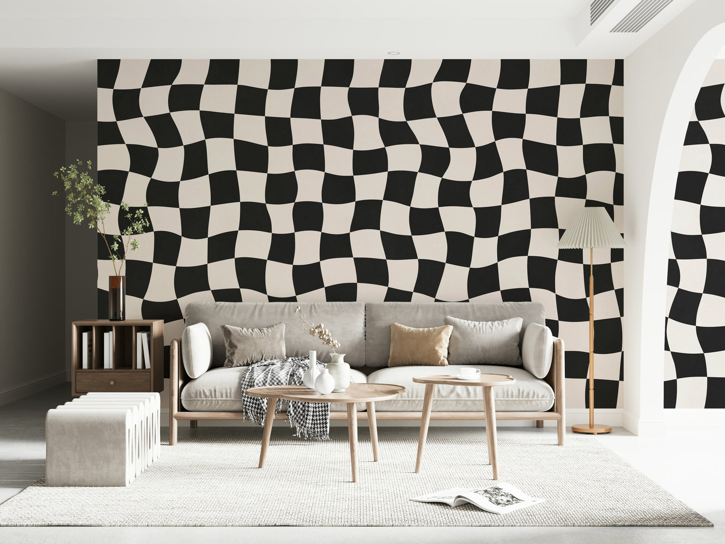 Wavy Check wall mural black and white fluid design.
