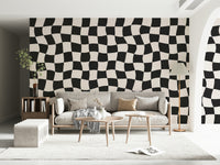 Wavy Check wall mural black and white fluid design.