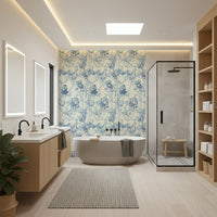 Intricate Blue Floral Chinoiserie Charm floral scroll wall design.