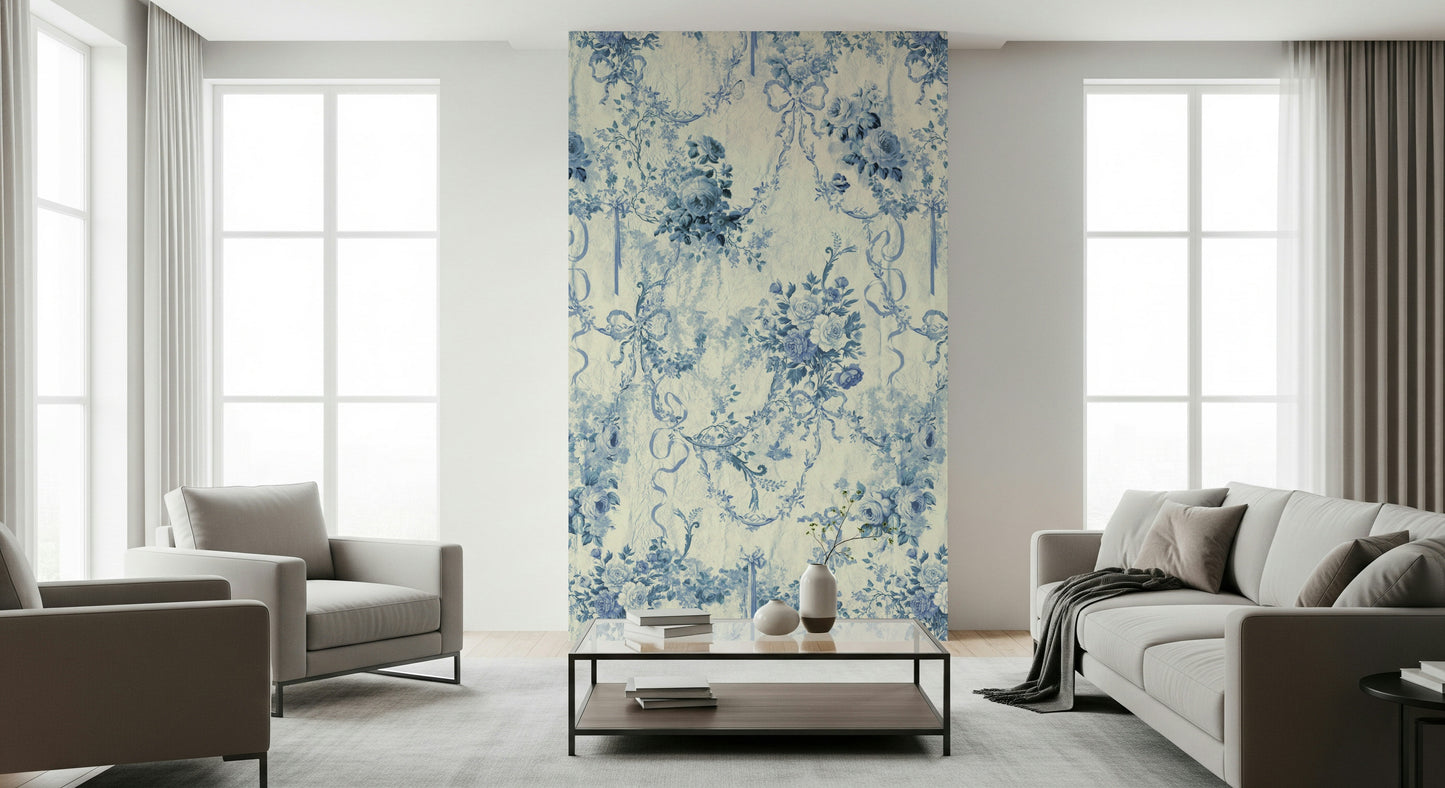 Soft Blue Floral Chinoiserie Charm pattern luxurious wall accent.