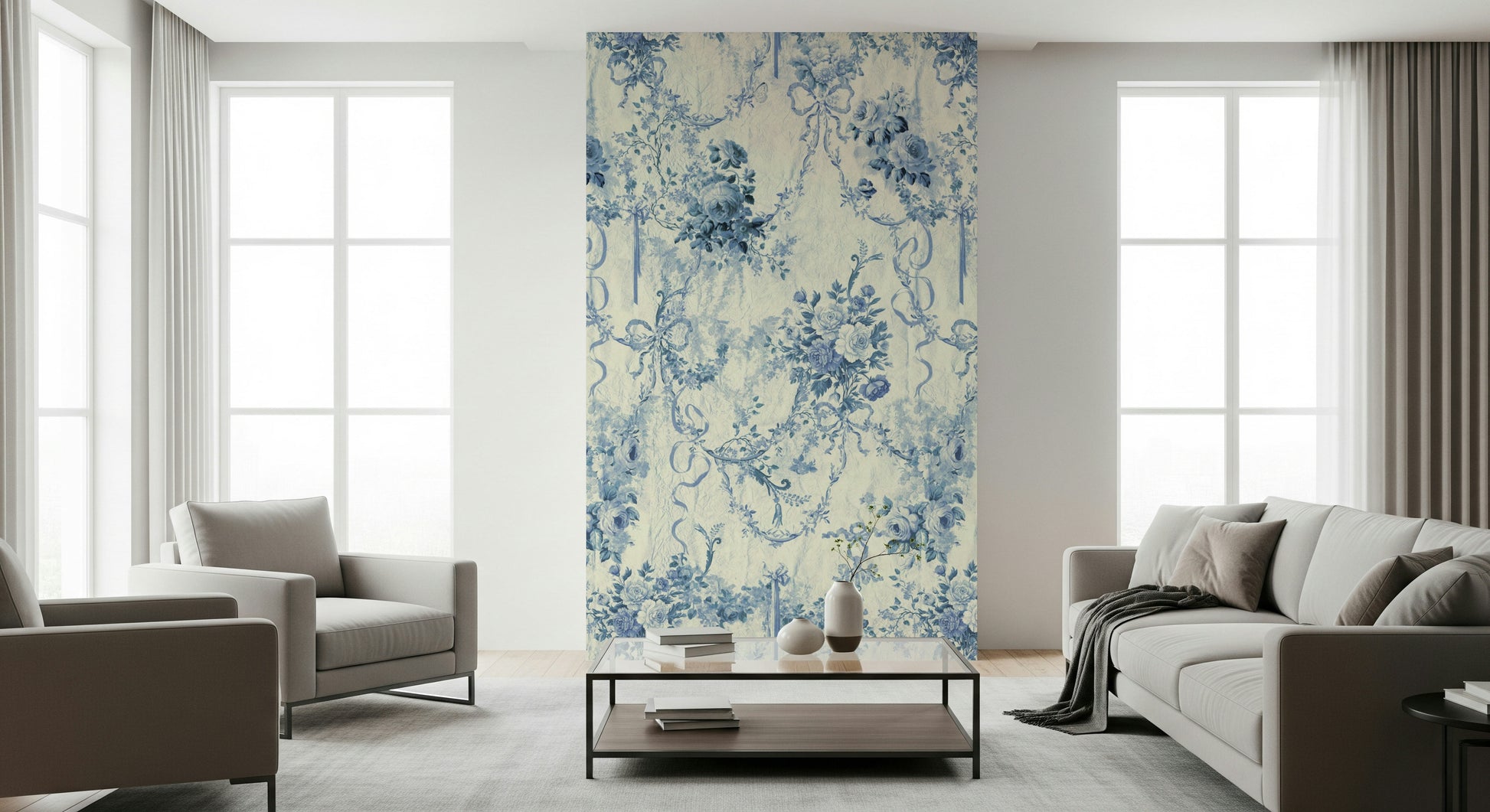 Soft Blue Floral Chinoiserie Charm pattern luxurious wall accent.