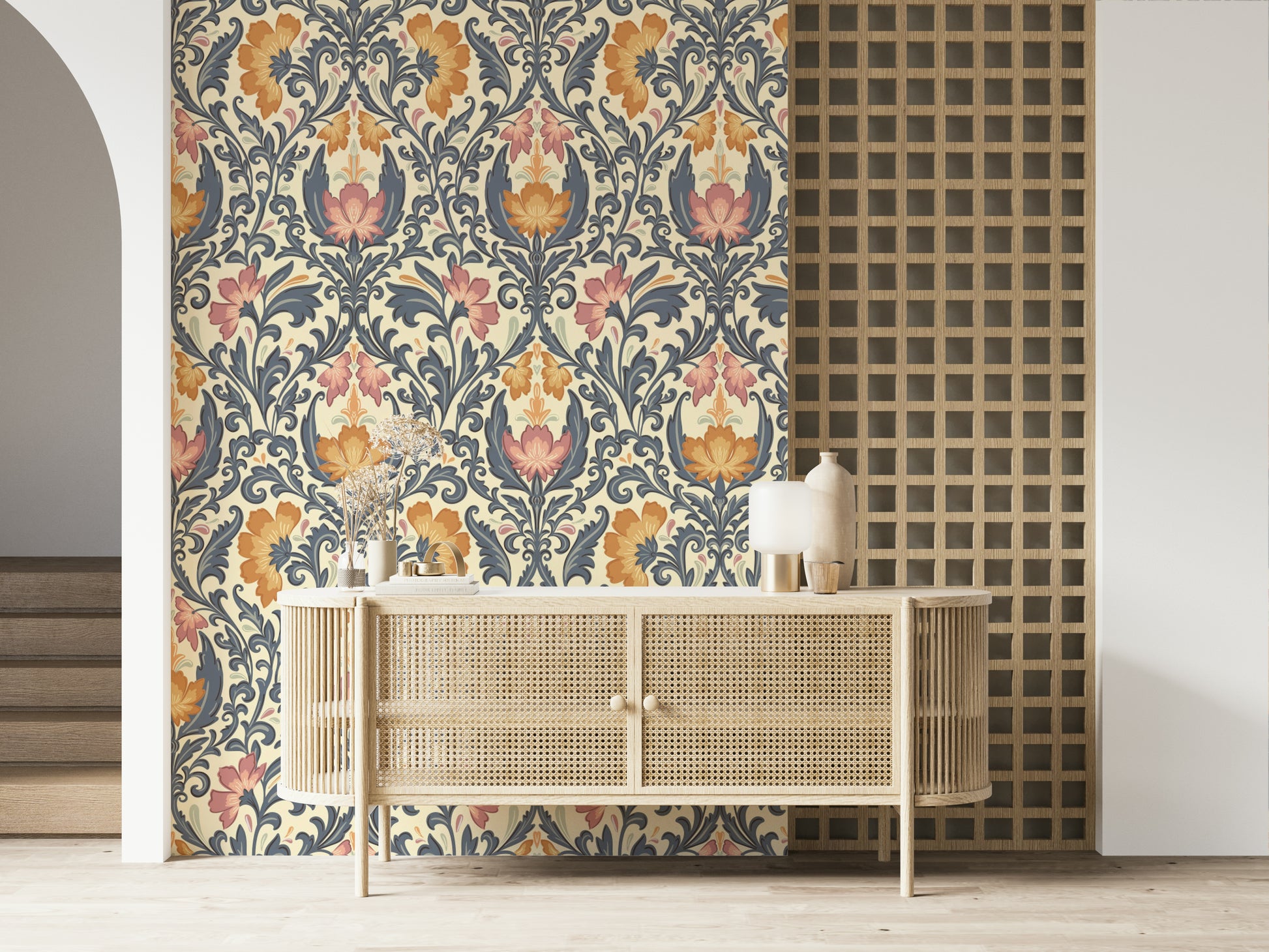Wallpaper featuring the sophisticated Bloom Damask print, delicate leaf scrollwork.