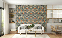 Ornate botanical wall mural, classic damask style, Timeless Floral Opulence.