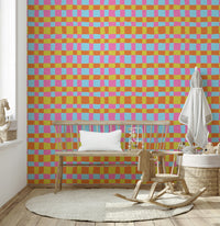 Vibrant Quilt Blocks mural, zany gingham, exuberant colors.