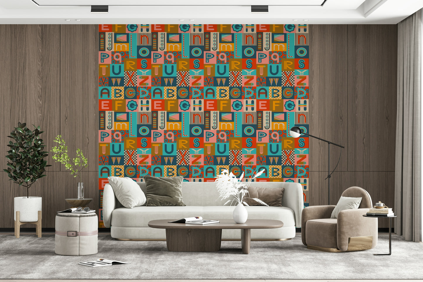 ABCs Retro Alphabet wallpaper bold geometric letters mod design funky educational print.