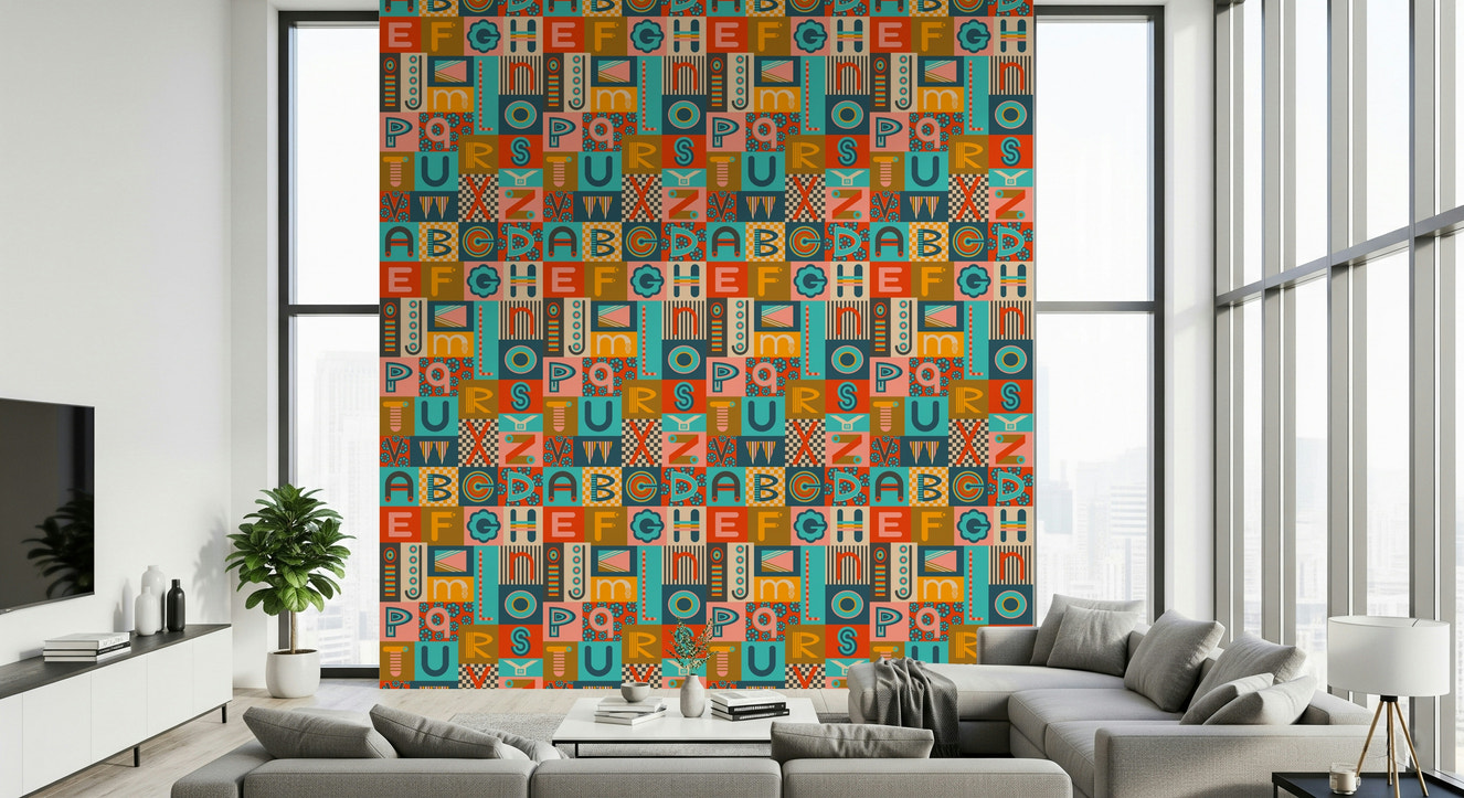 Geometric ABCs Retro Alphabet wallpaper jumbled graphic letters Postmodern colors.