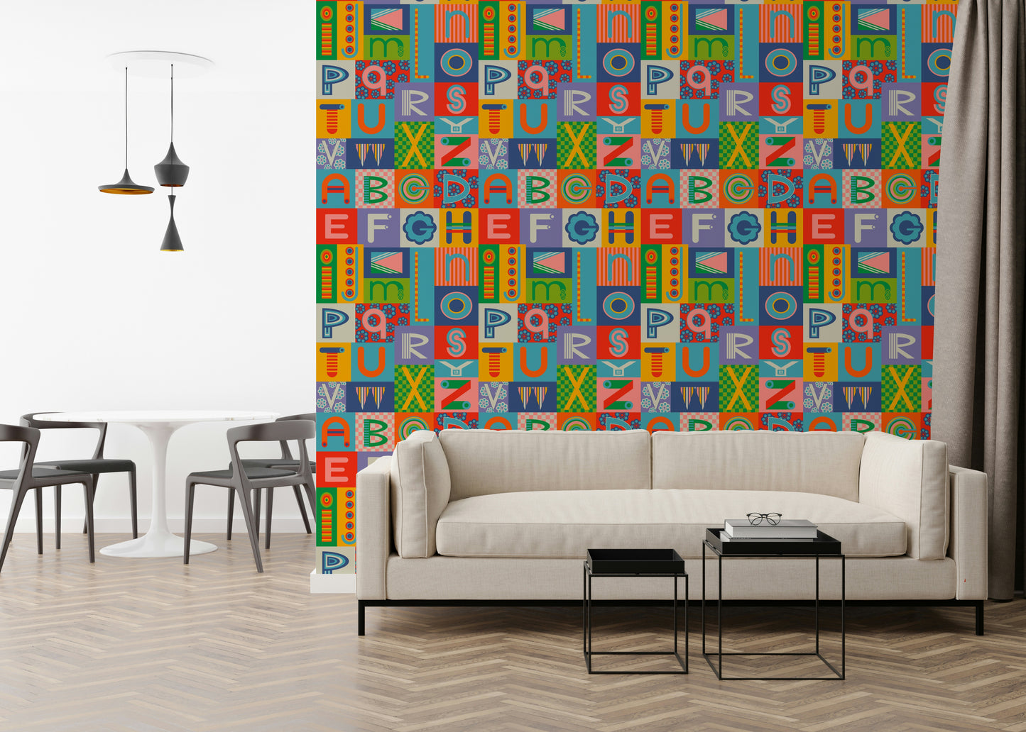 Playful Retro Alphabet Graphic wall cover pop art inspired design.