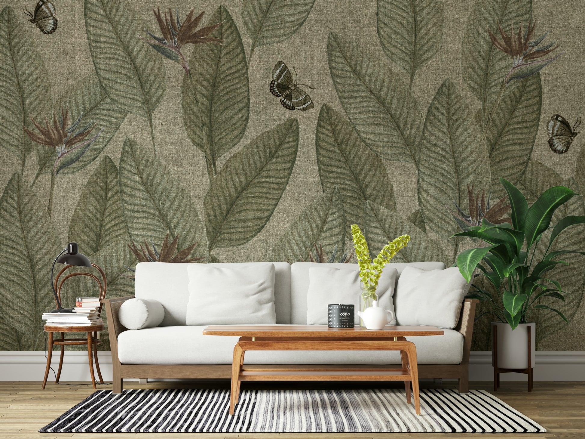 Muted banana leaves design of Jungle Life Antique mural product.
