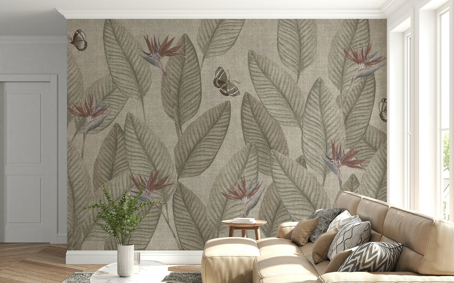 Distinctive tropical leaf wallpaper, sepia tone, perfect accent piece, Jungle Life Muted.