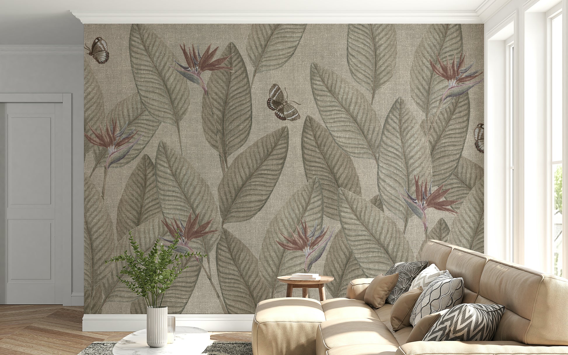 Distinctive tropical leaf wallpaper, sepia tone, perfect accent piece, Jungle Life Muted.