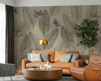 Sophisticated botanical wall décor: Detailed jungle vine-like leaves and three flying butterflies.