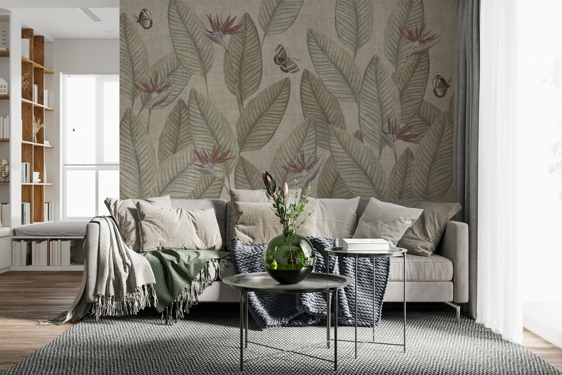 Jungle Life Muted product: Calming taupe mural wallpaper of tropical flora and fauna.