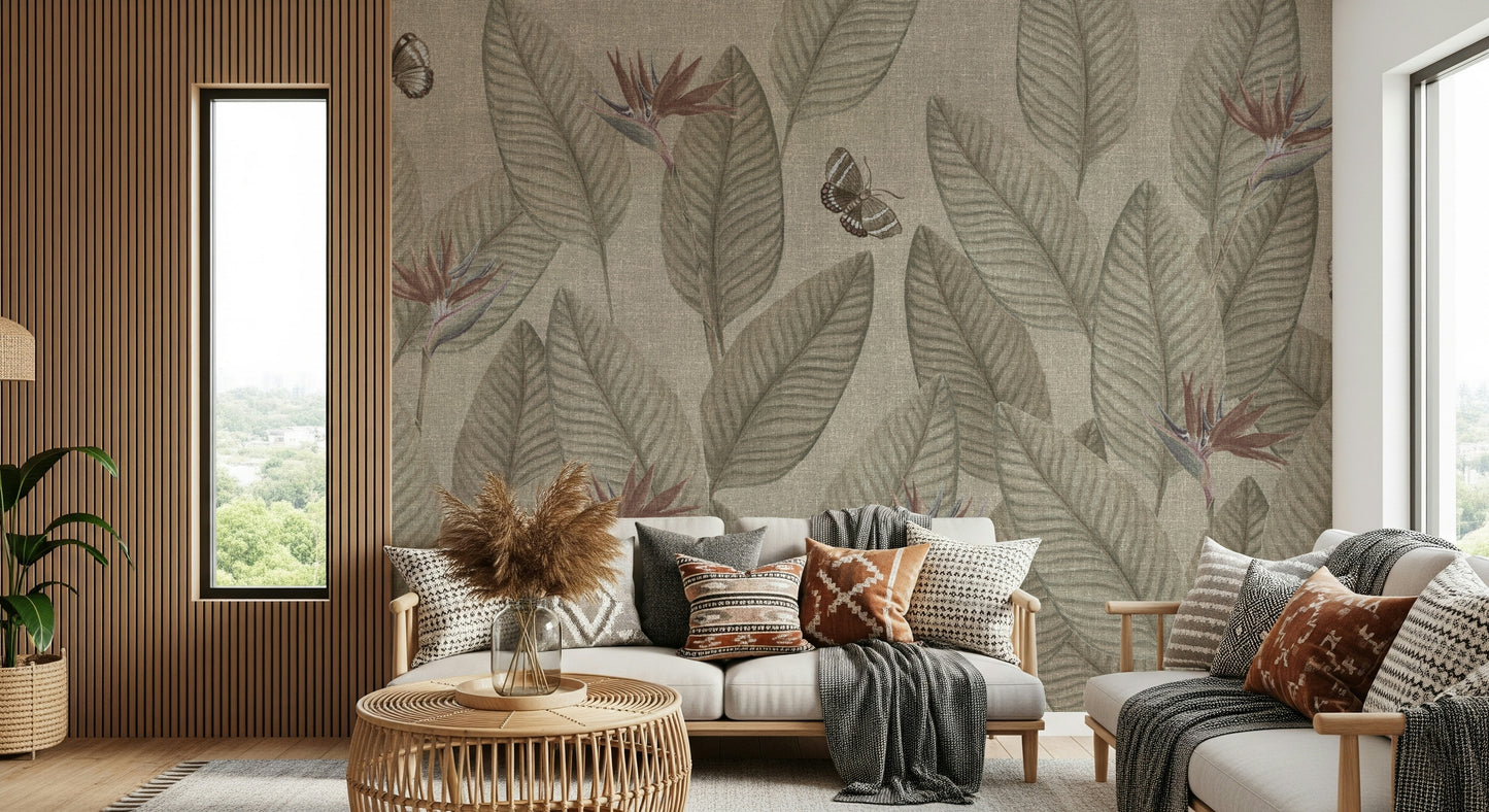 Elegant Jungle Life Muted wallpaper print showcasing large, artistic tropical plant foliage.