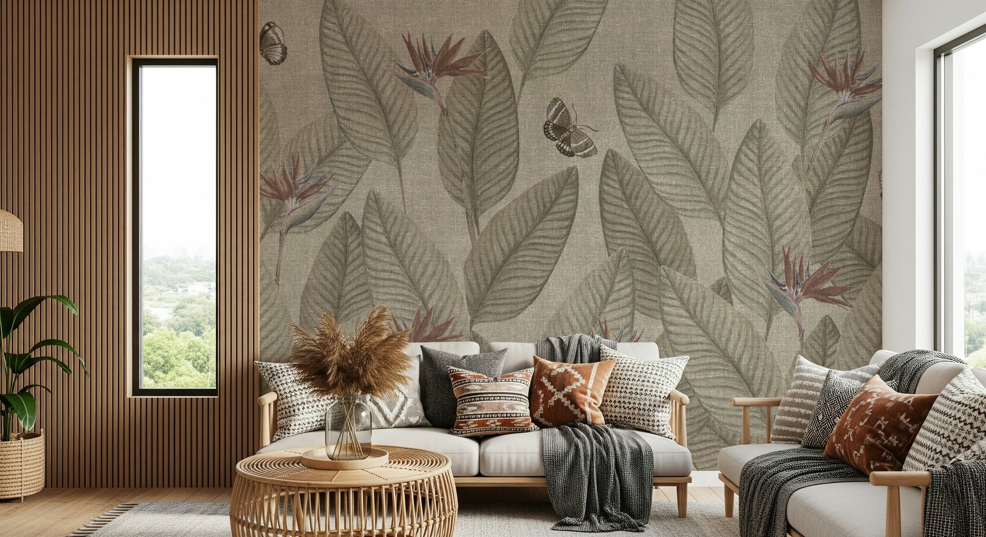 Elegant Jungle Life Muted wallpaper print showcasing large, artistic tropical plant foliage.