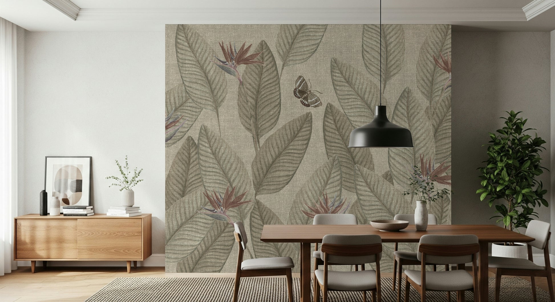 Hand-drawn look mural featuring soft, monochromatic jungle scenery and winged insects.