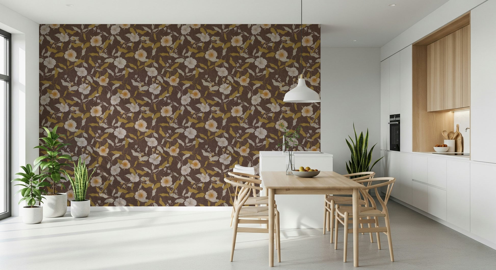 Subtle floral pattern featuring large hibiscus blooms; great accent wall covering.