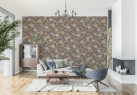Tropical Floral Antique wallpaper; faded hibiscus flowers on dark brown textile.