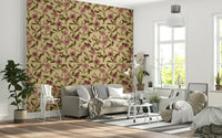 Artistic Heritage vining wallpaper, dusty rose and brown leaf design.