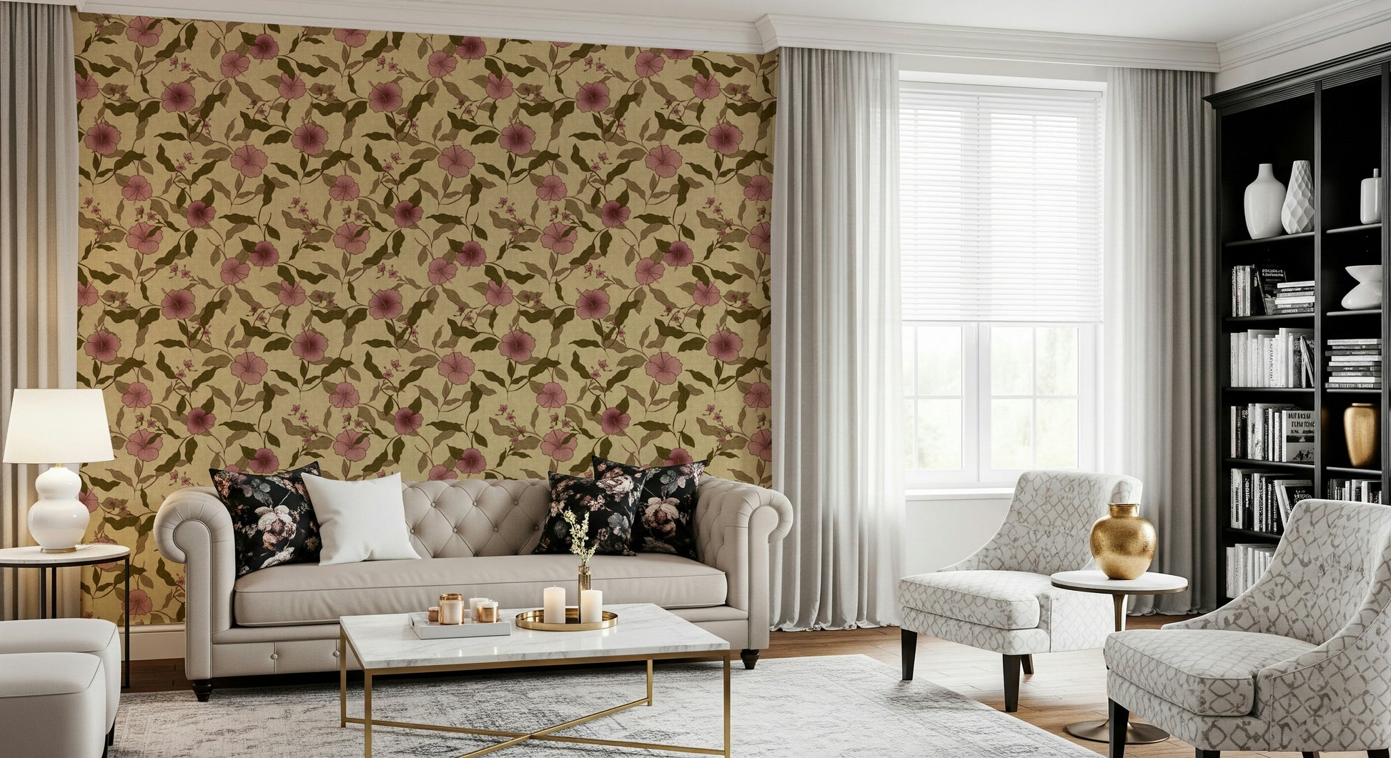 Warm Faded Floral motif, neutral beige background botanical wall covering.