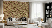 Warm Faded Floral motif, neutral beige background botanical wall covering.