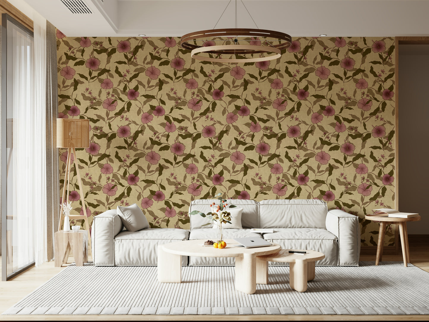 Faded Tropical Floral Heritage print, soft pink Hibiscus vine wallpaper.