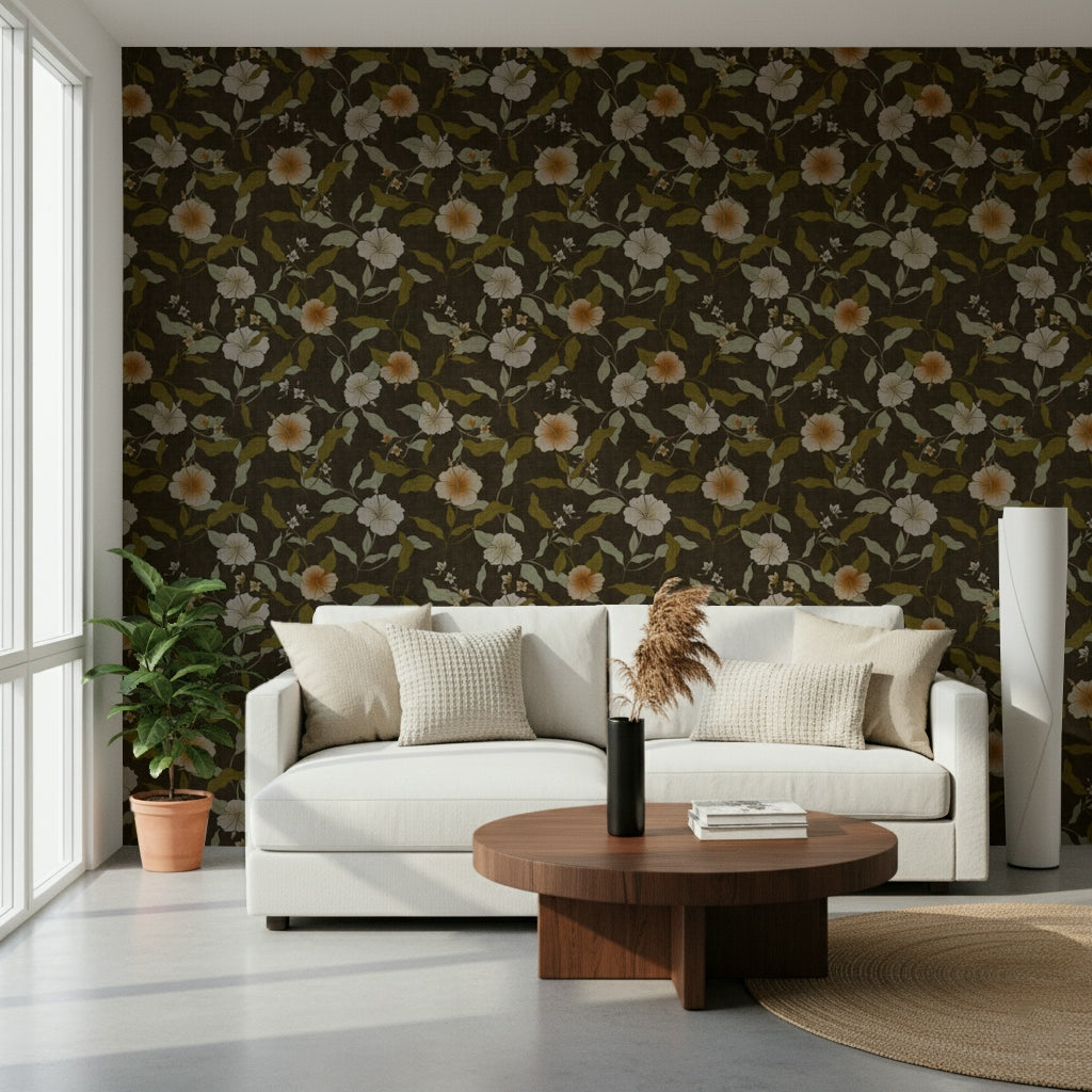 Subtle tropical pattern wall mural dark dramatic nature.