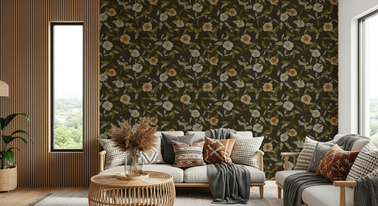 Faded Tropical Floral Old Fashioned wallpaper dark style.