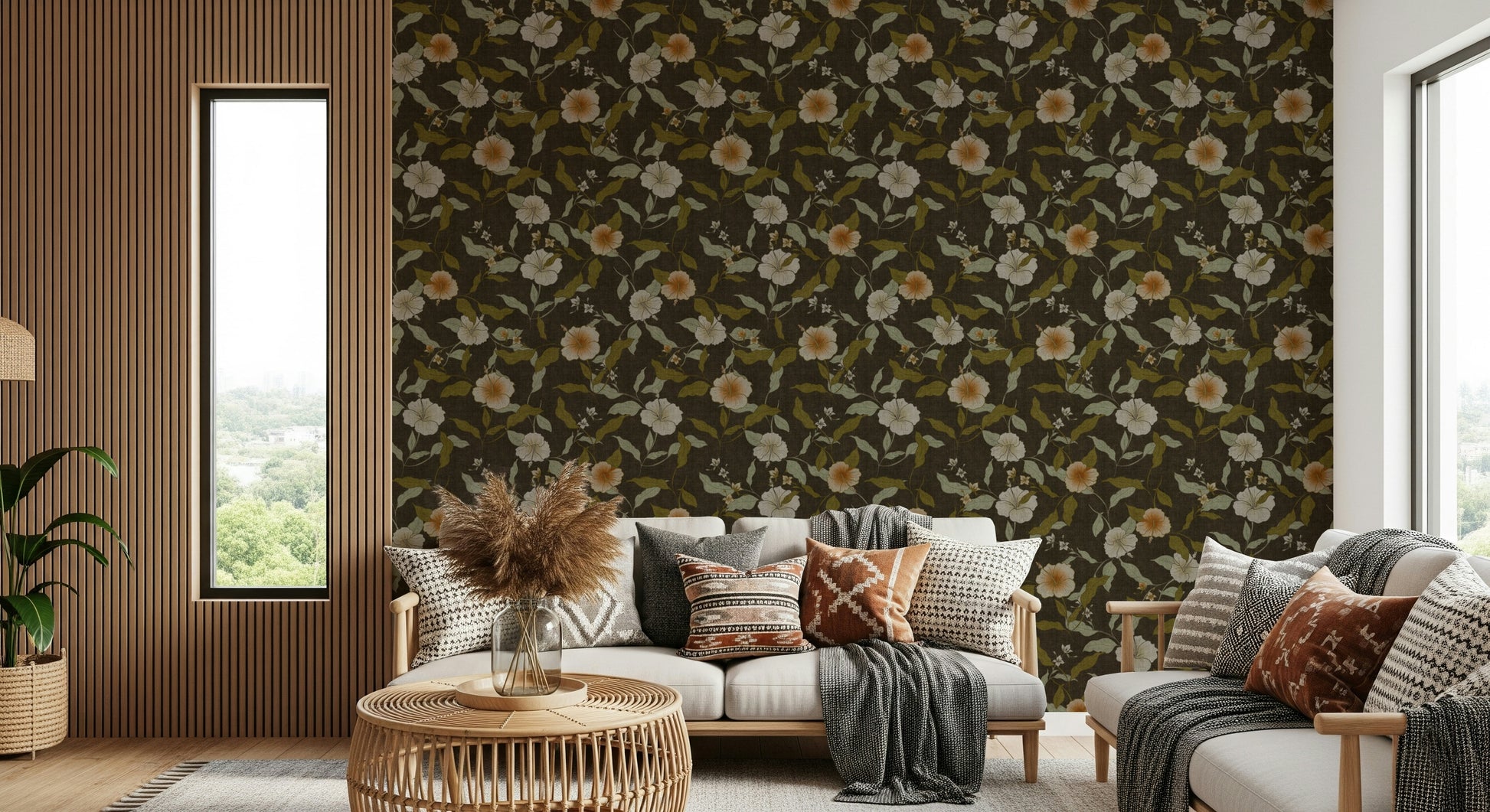 Faded Tropical Floral Old Fashioned wallpaper dark style.