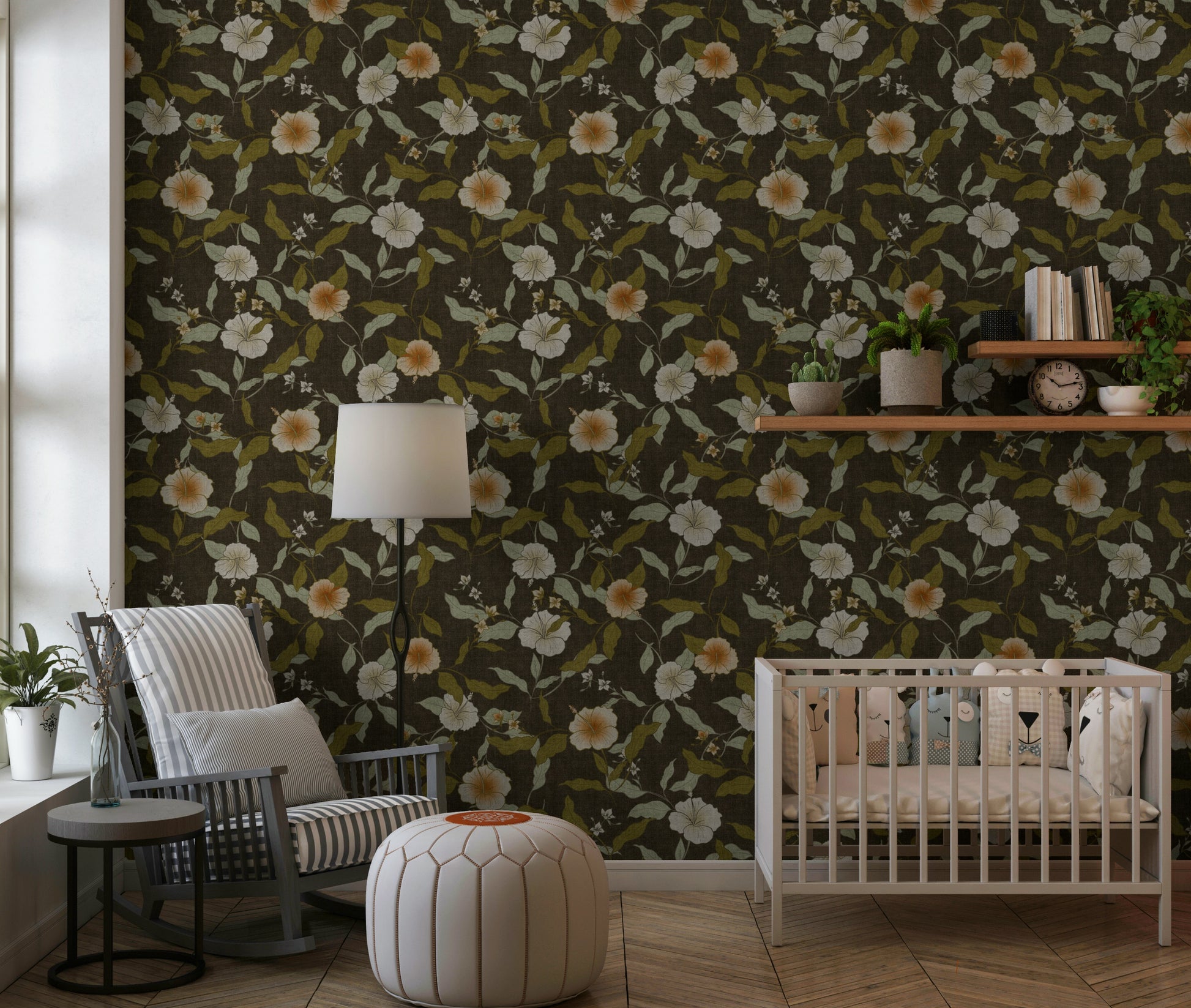 Grandiose Old Fashioned bloom wallpaper, timeless faded tropical art mural.