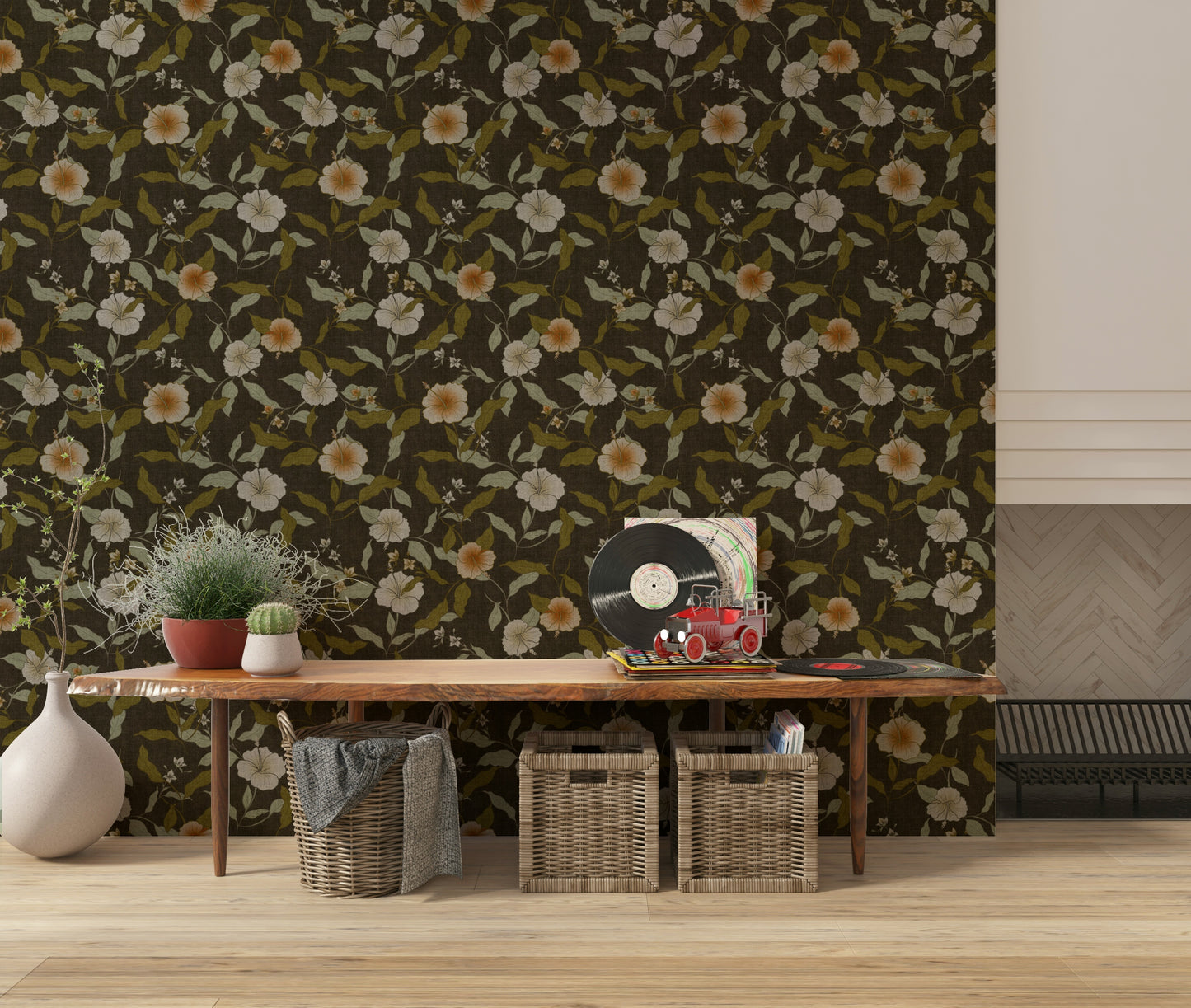 Velvety Faded Floral Old Fashioned display, intricate classic pattern wallpaper.